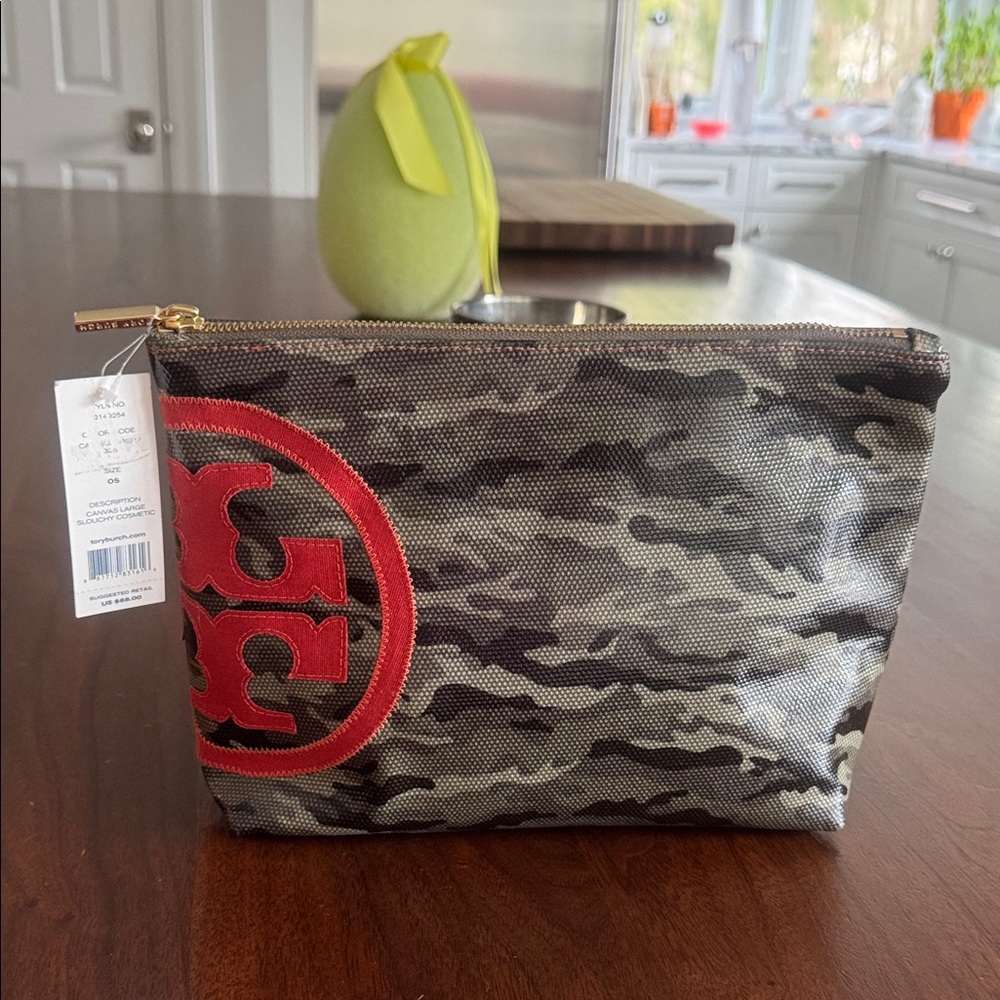 Tory Burch Green Camo Toiletry Pouch with Red Logo